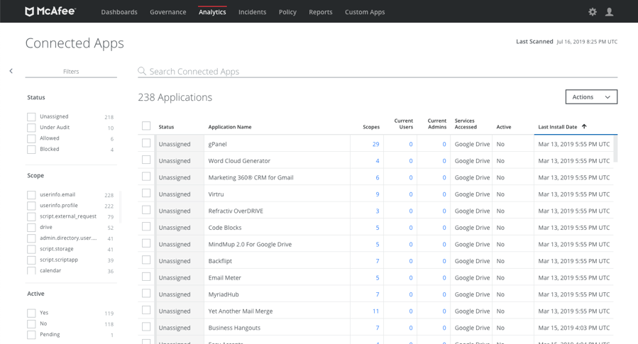 MVISION Cloud connected apps analytics